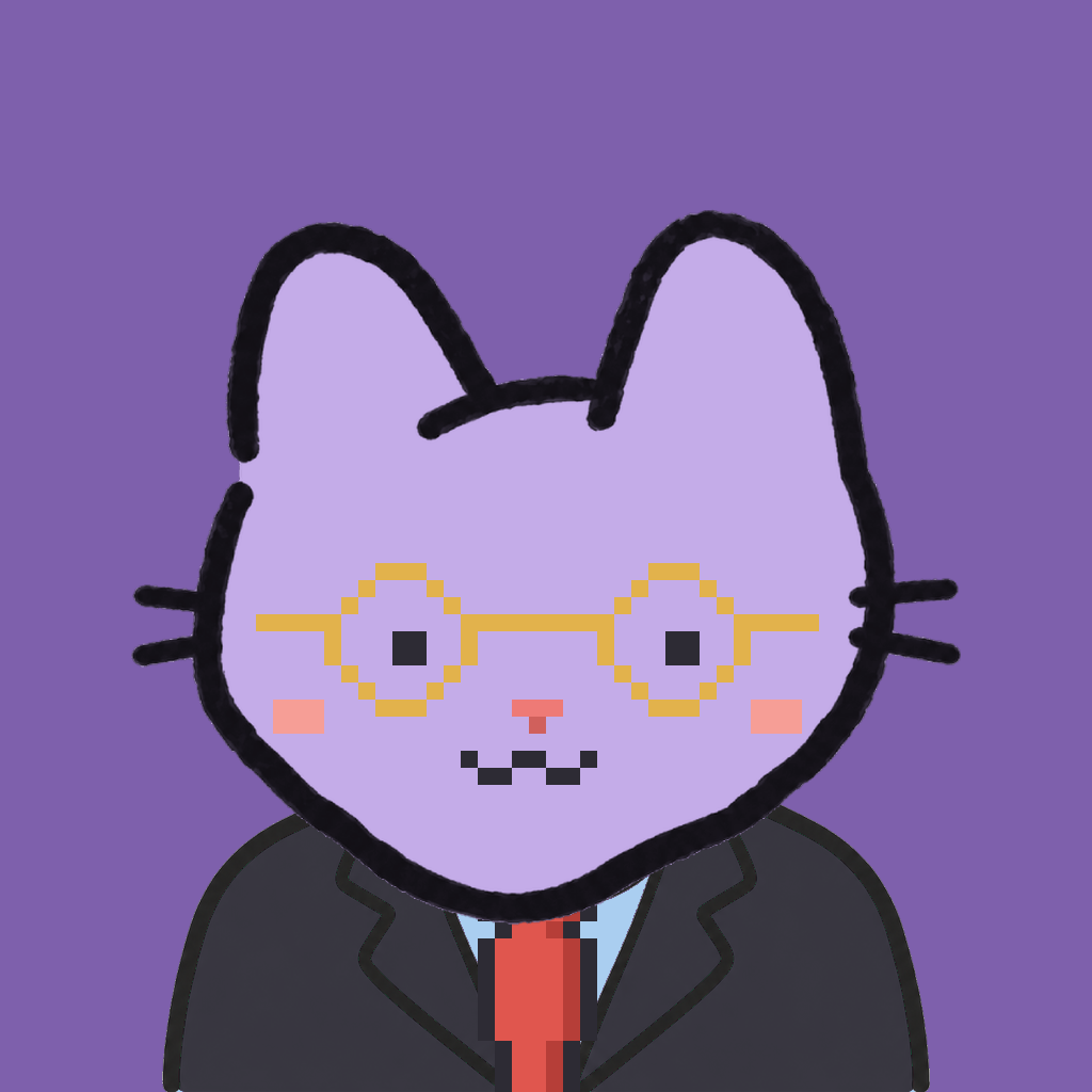 Employee #1330 — a lavender cat, in a black suit, with a red tie, wearing round-gold glasses, on plasma violet