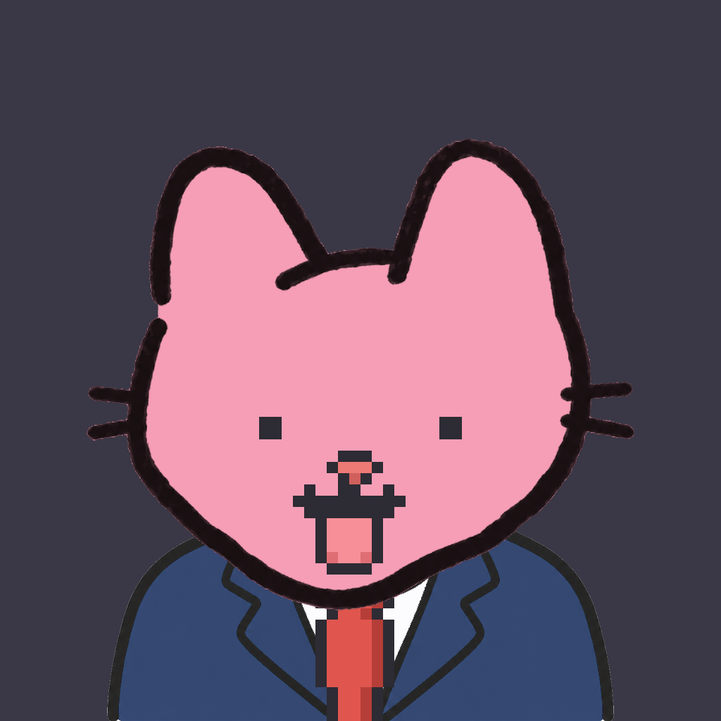 Employee #1331 — a pink cat, in a navy suit, with a red tie, on charcoal