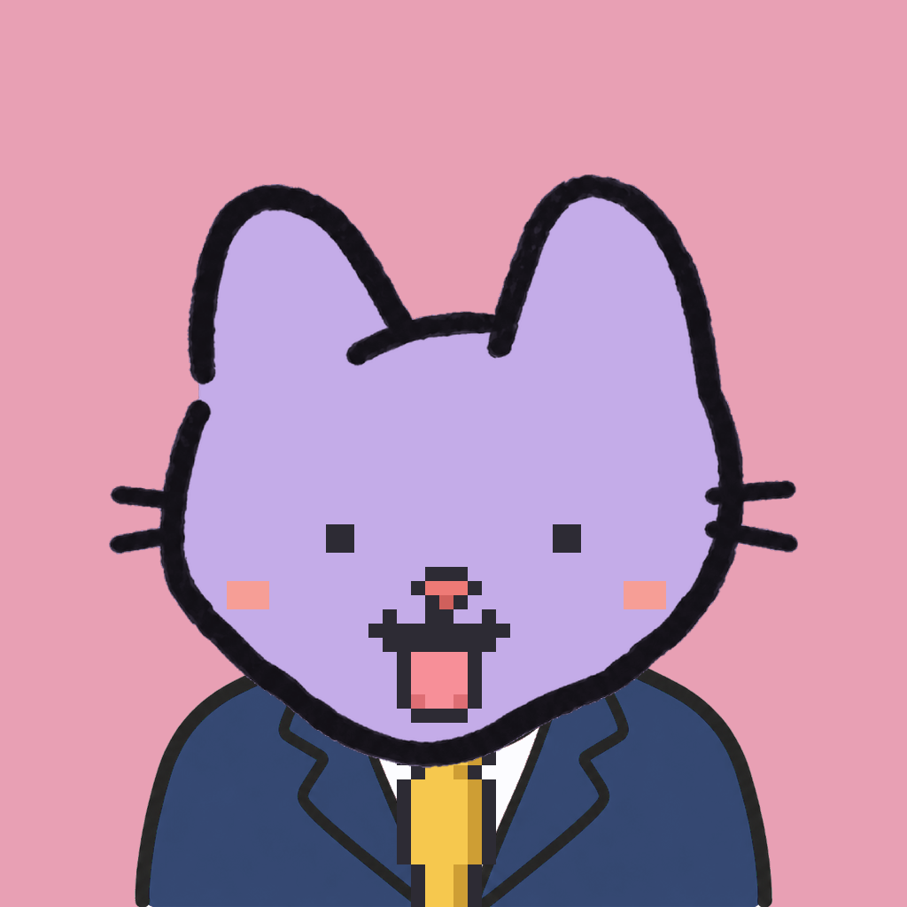 Employee #1332 — a lavender cat, in a navy suit, with a gold tie, on rose