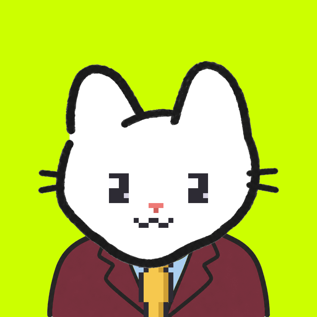 Employee #1333 — a white cat, in a burgundy suit, with a gold tie, on volt