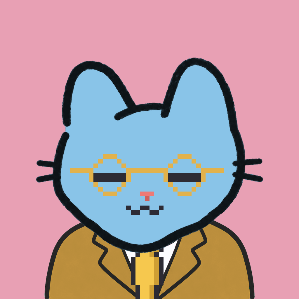 Employee #1334 — a sky cat, in a mustard suit, with a gold tie, wearing round-gold glasses, on rose