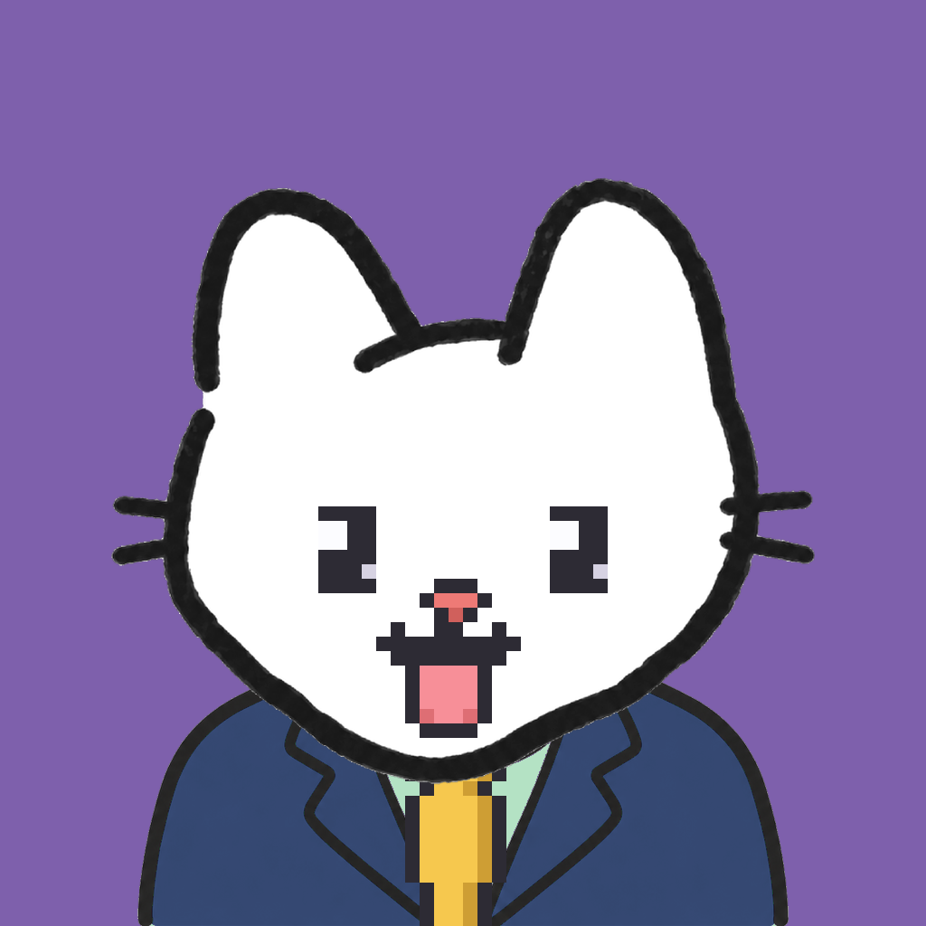 Employee #1335 — a white cat, in a navy suit, with a gold tie, on plasma violet