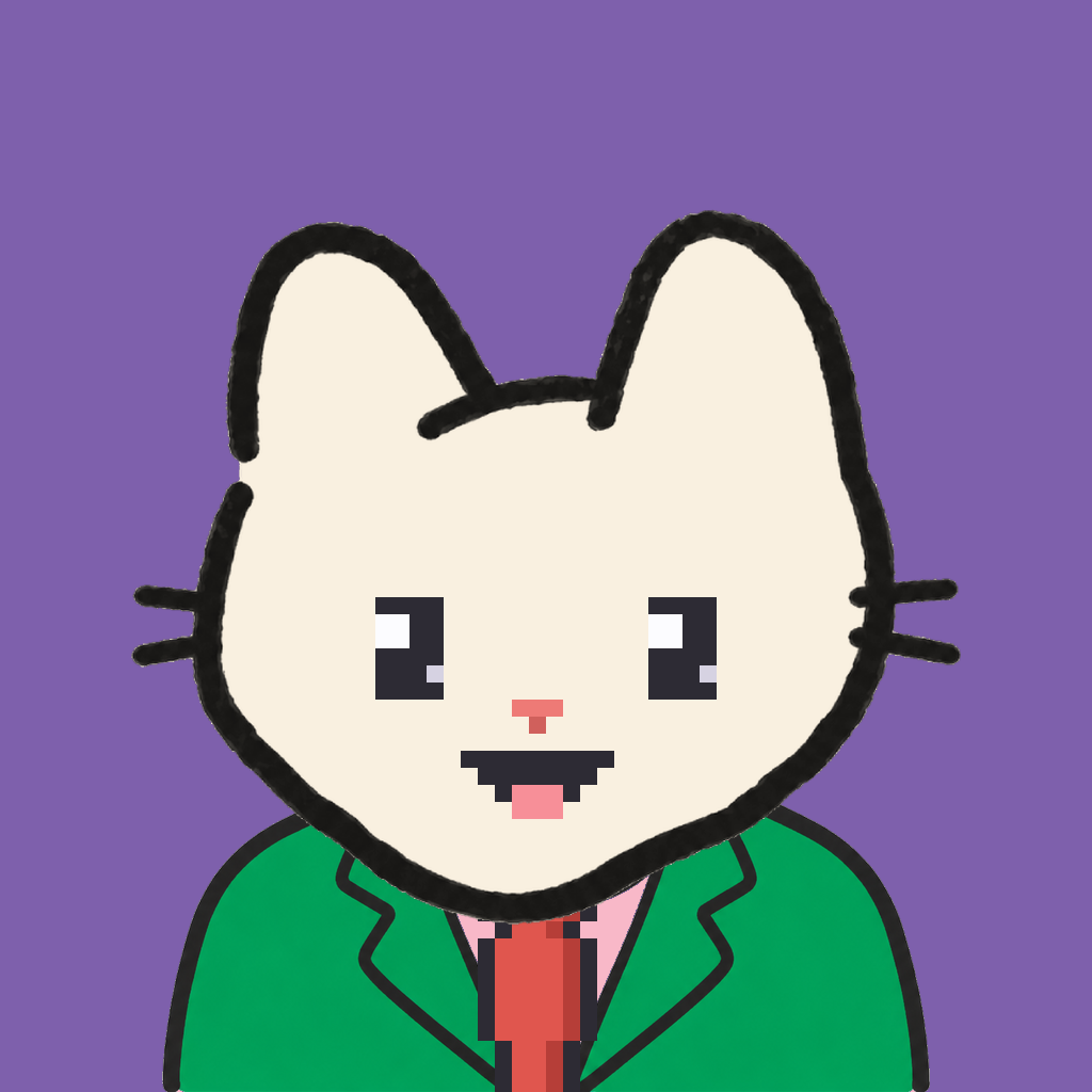 Employee #1336 — a cream cat, in a green suit, with a red tie, on plasma violet