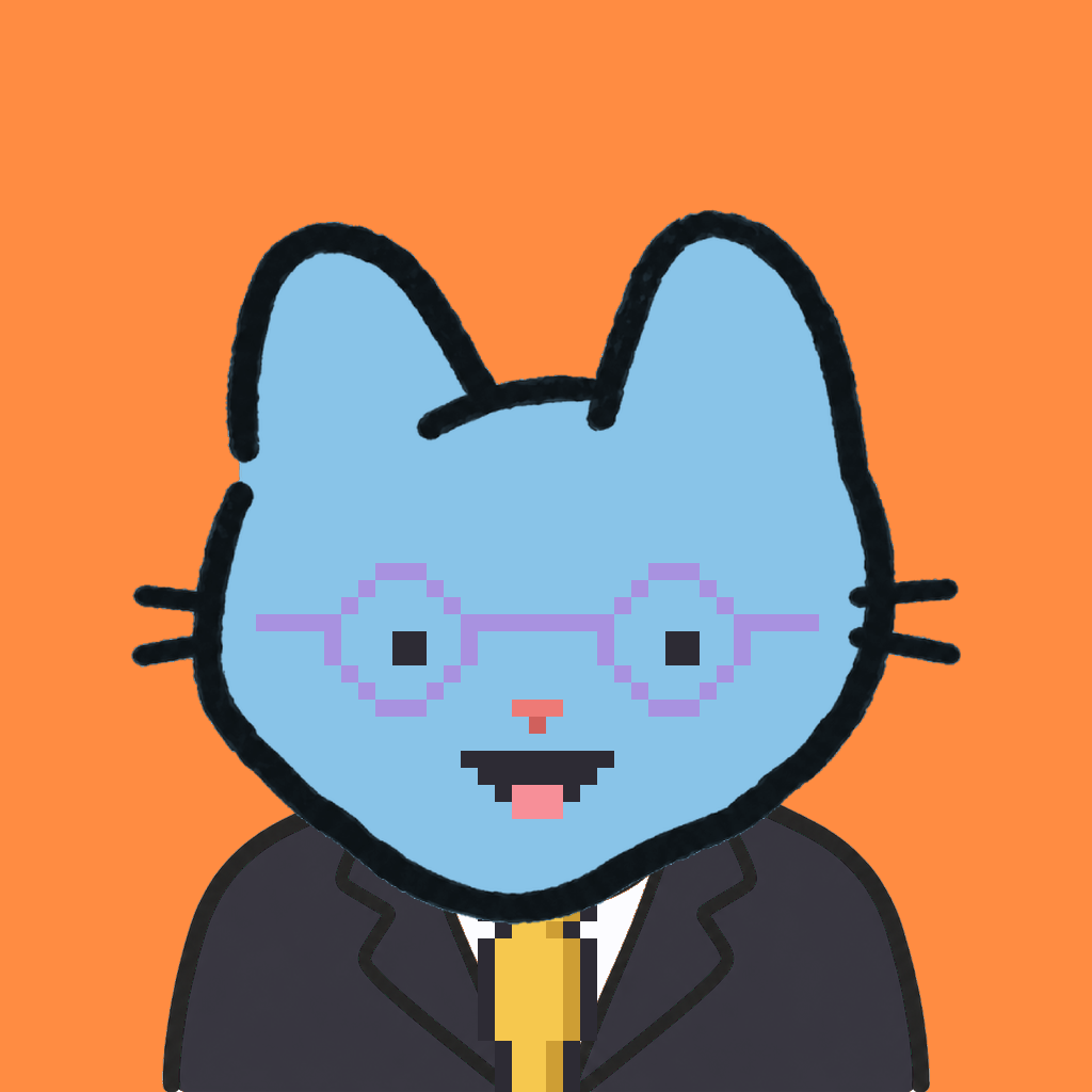Employee #1337 — a sky cat, in a black suit, with a gold tie, wearing round-lavender glasses, on tangerine
