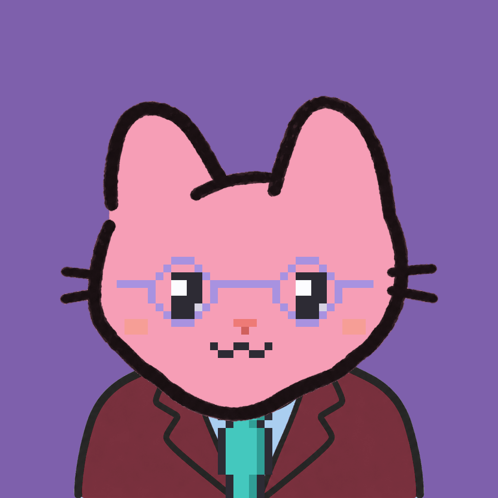 Employee #1338 — a pink cat, in a burgundy suit, with a teal tie, wearing round-lavender glasses, on plasma violet
