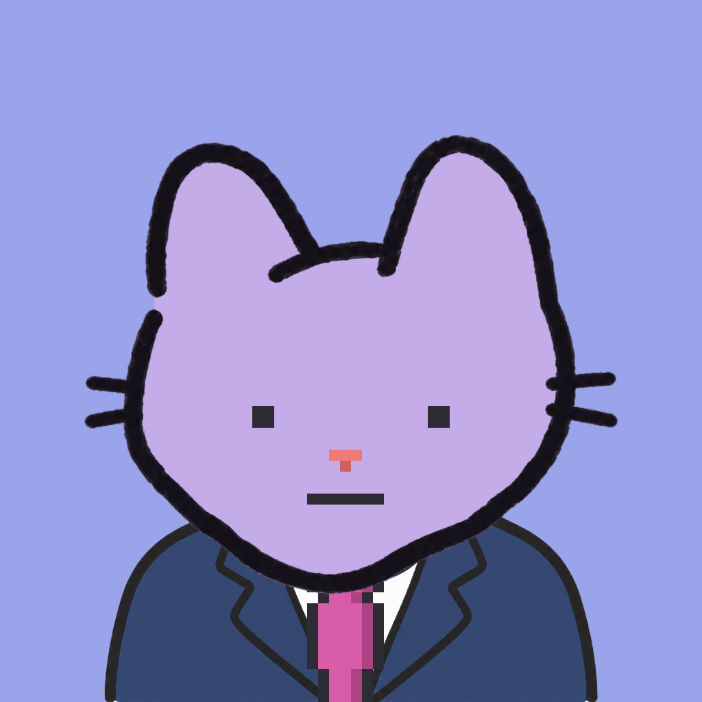 Employee #1339 — a lavender cat, in a navy suit, with a magenta tie, on periwinkle