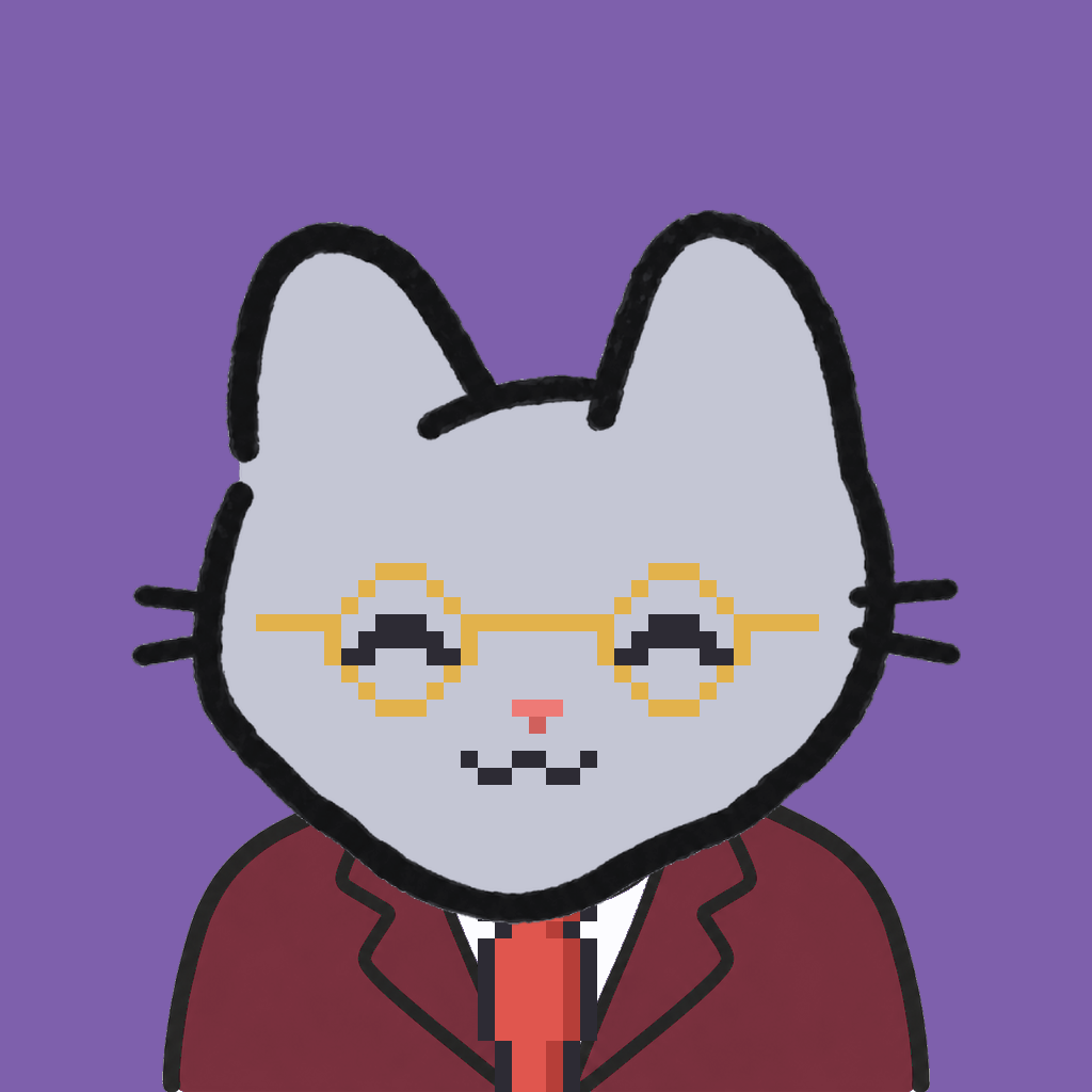 Employee #0134 — a gray cat, in a burgundy suit, with a red tie, wearing round-gold glasses, on plasma violet