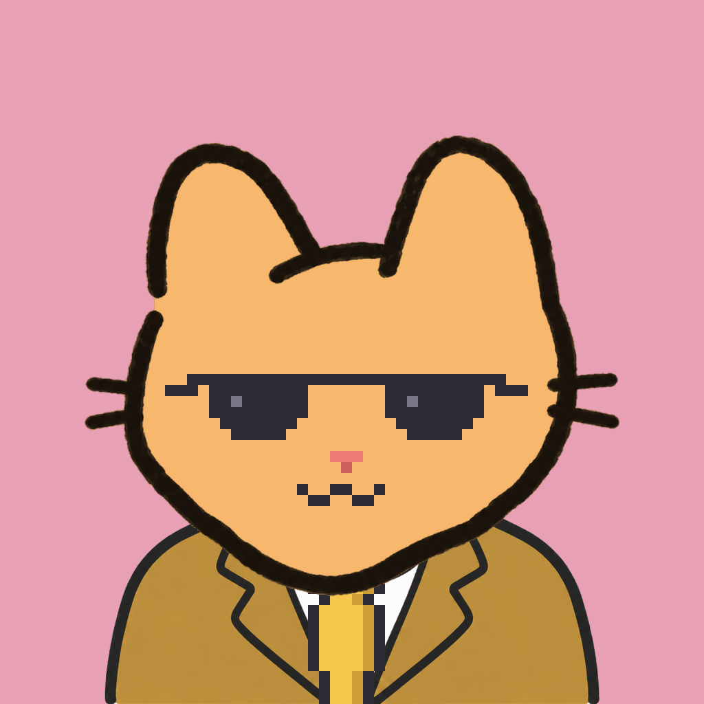 Employee #1340 — a tabby cat, in a mustard suit, with a gold tie, wearing shades glasses, on rose