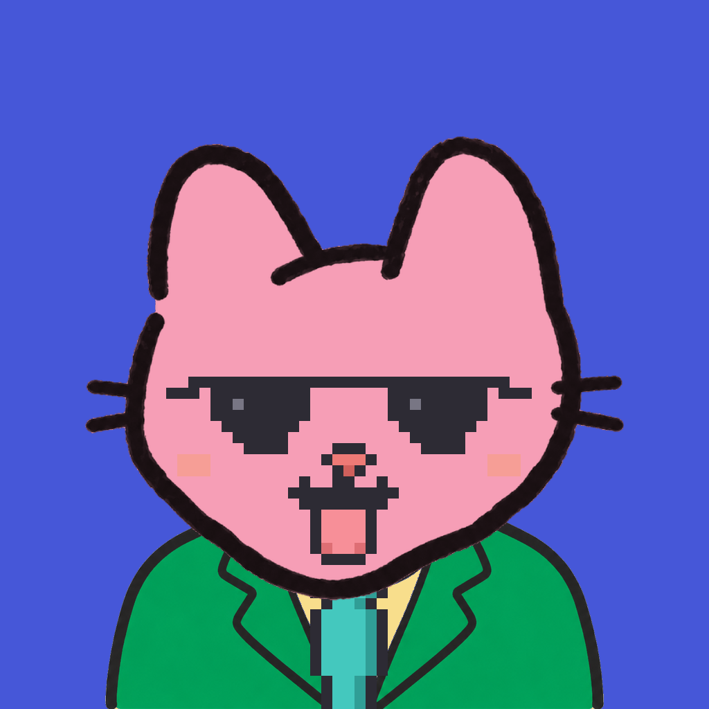 Employee #1341 — a pink cat, in a green suit, with a teal tie, wearing shades glasses, on royal