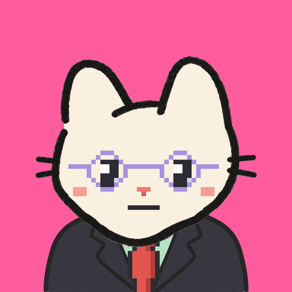 Employee #1342 — a cream cat, in a black suit, with a red tie, wearing round-lavender glasses, on hot pink