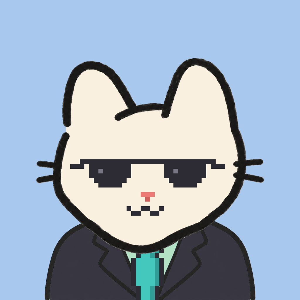 Employee #1343 — a cream cat, in a black suit, with a teal tie, wearing shades glasses, on sky