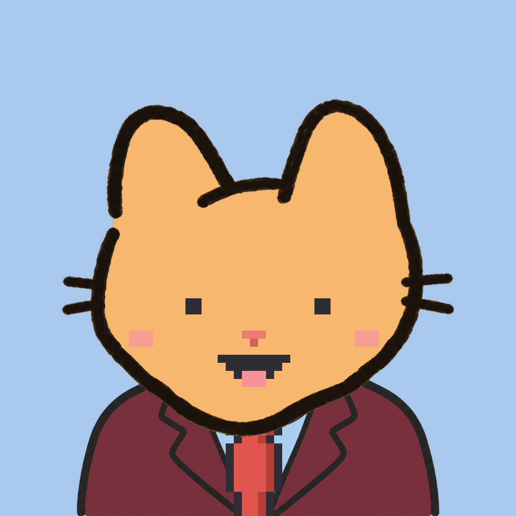 Employee #1344 — a tabby cat, in a burgundy suit, with a red tie, on sky