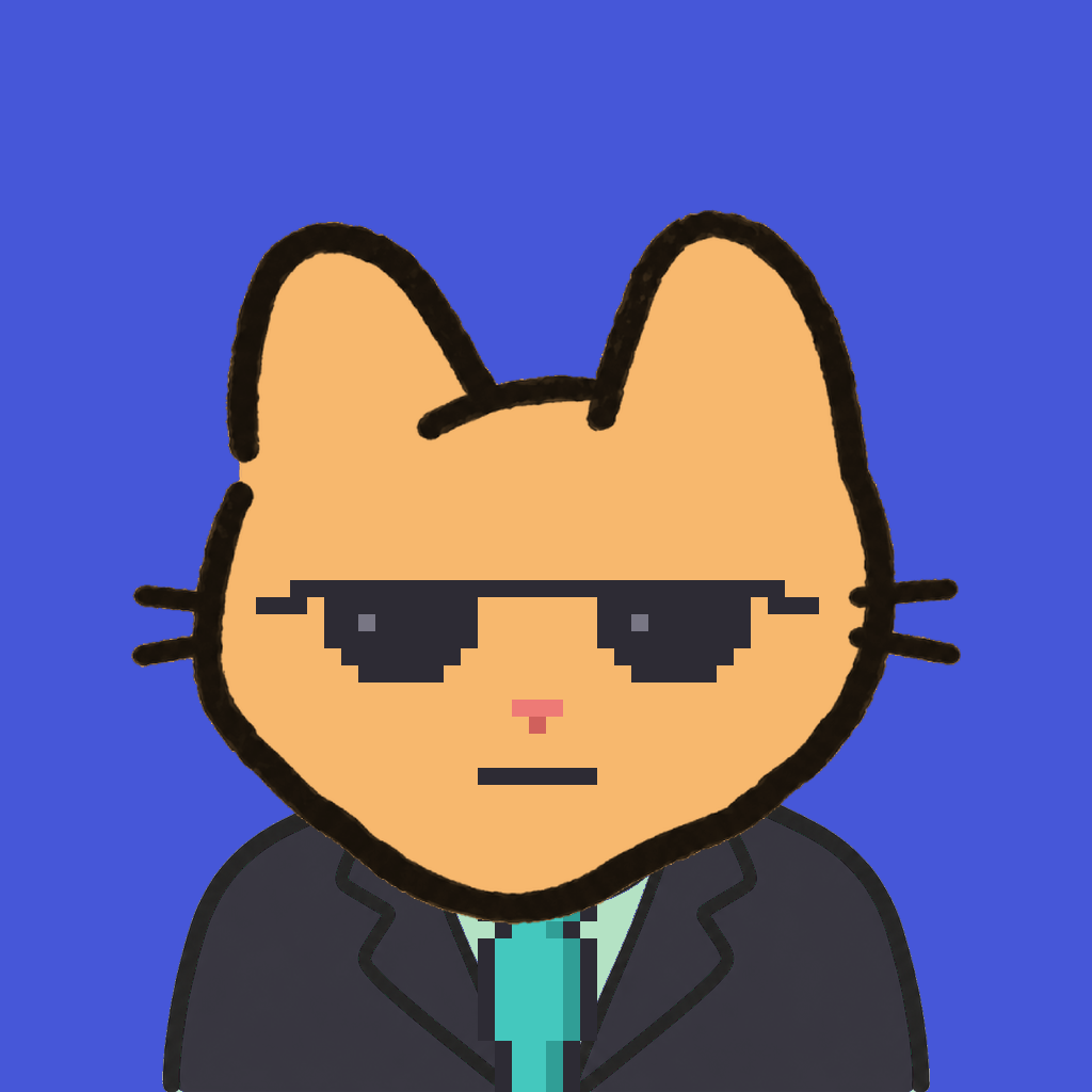 Employee #1345 — a tabby cat, in a black suit, with a teal tie, wearing shades glasses, on royal