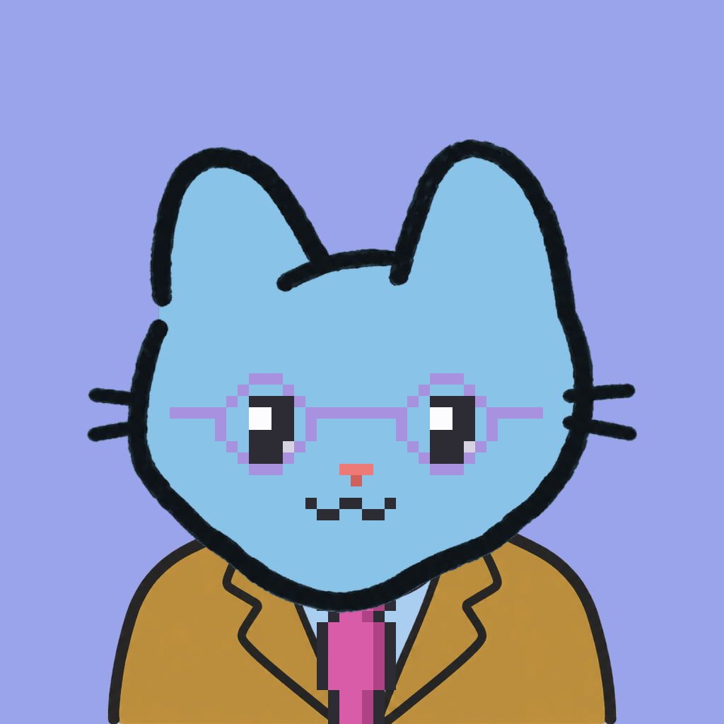 Employee #1346 — a sky cat, in a mustard suit, with a magenta tie, wearing round-lavender glasses, on periwinkle