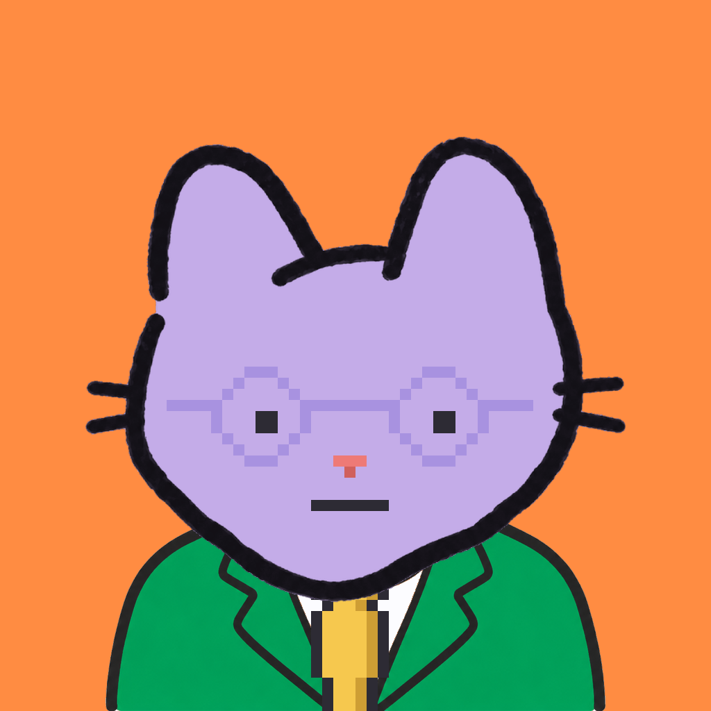 Employee #1347 — a lavender cat, in a green suit, with a gold tie, wearing round-lavender glasses, on tangerine