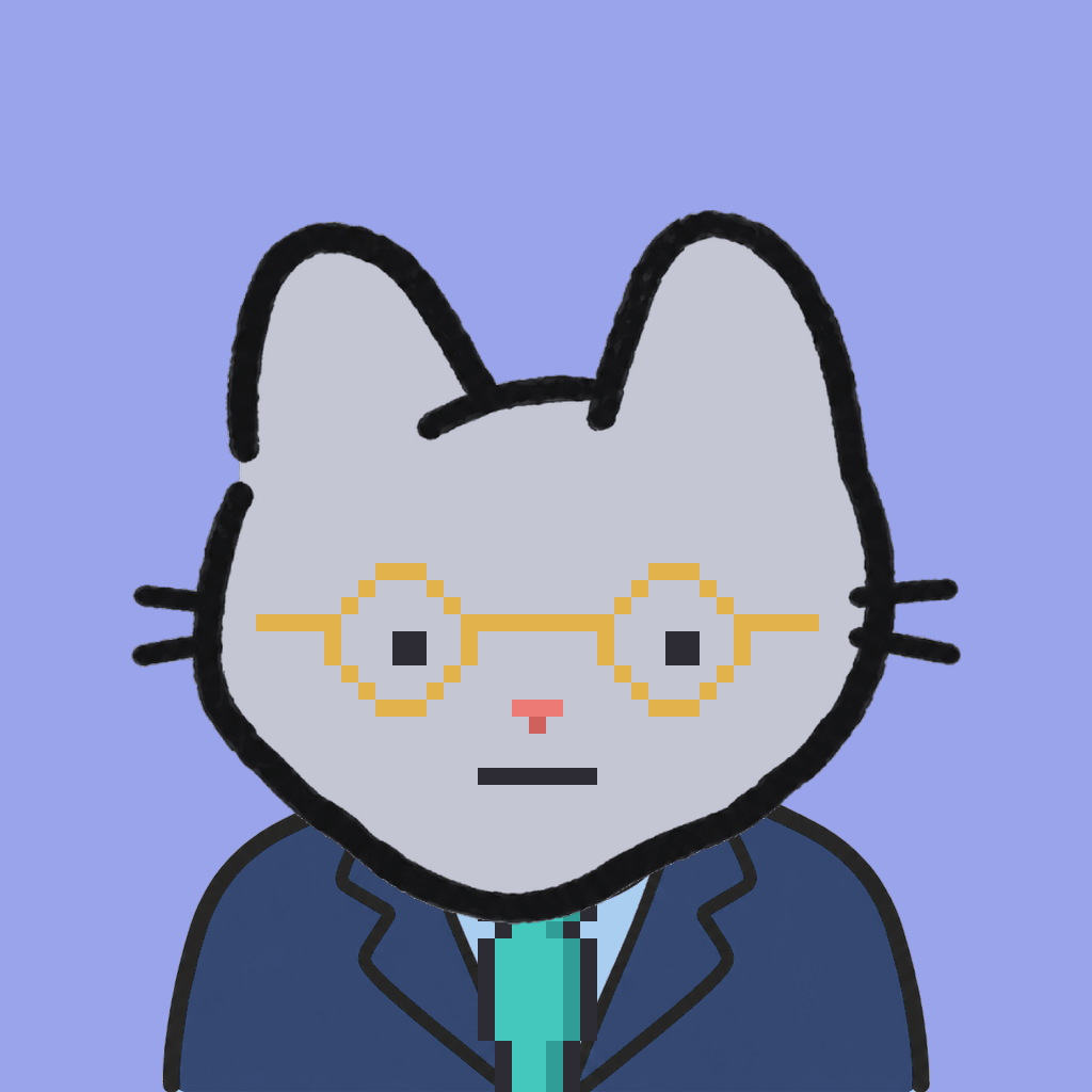 Employee #1349 — a gray cat, in a navy suit, with a teal tie, wearing round-gold glasses, on periwinkle