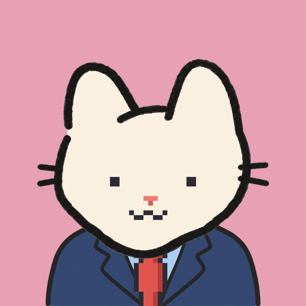 Employee #0135 — a cream cat, in a navy suit, with a red tie, on rose