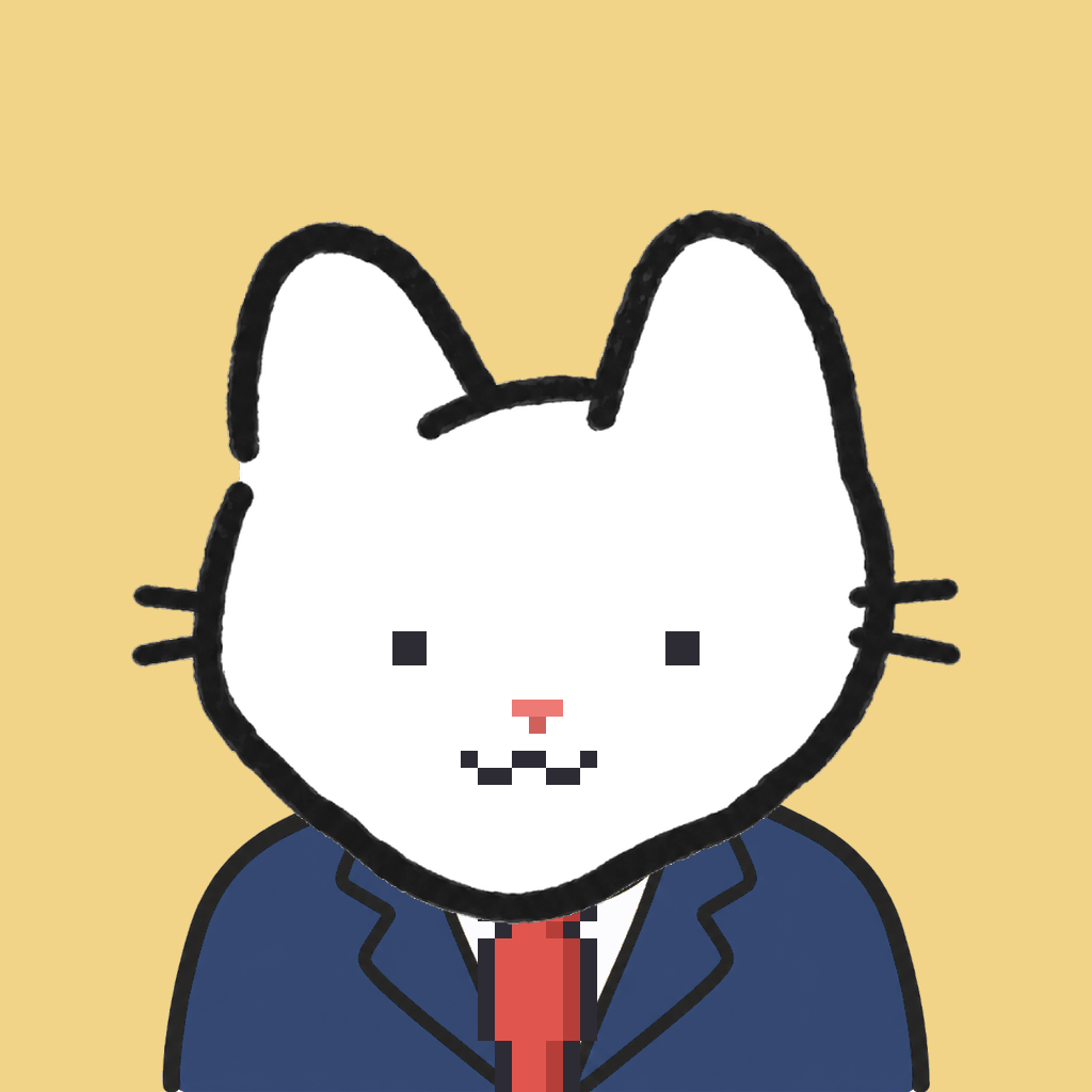 Employee #1350 — a white cat, in a navy suit, with a red tie, on butter