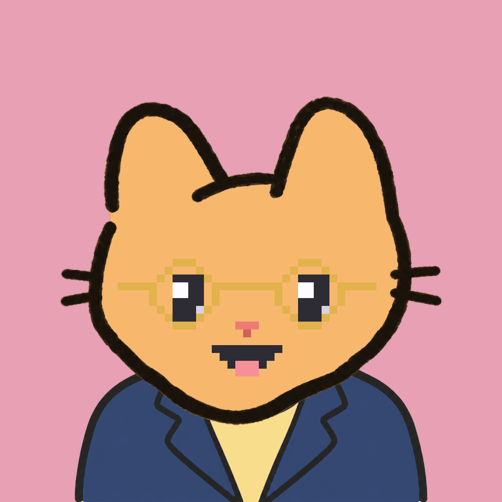 Employee #1351 — a tabby cat, in a navy suit, wearing round-gold glasses, on rose