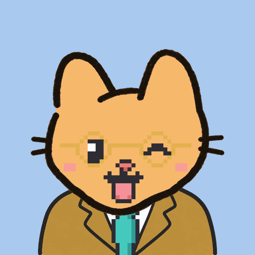 Employee #1352 — a tabby cat, in a mustard suit, with a teal tie, wearing round-gold glasses, on sky
