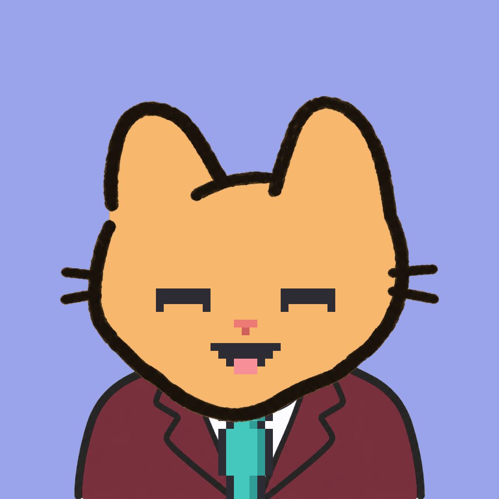 Employee #1353 — a tabby cat, in a burgundy suit, with a teal tie, on periwinkle