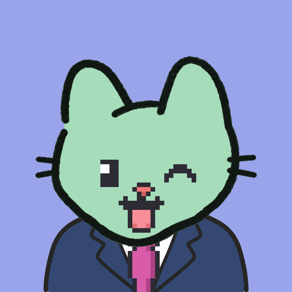 Employee #1354 — a mint cat, in a navy suit, with a magenta tie, on periwinkle
