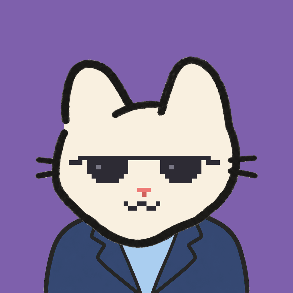 Employee #1355 — a cream cat, in a navy suit, wearing shades glasses, on plasma violet
