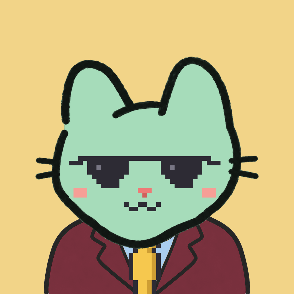 Employee #1356 — a mint cat, in a burgundy suit, with a gold tie, wearing shades glasses, on butter