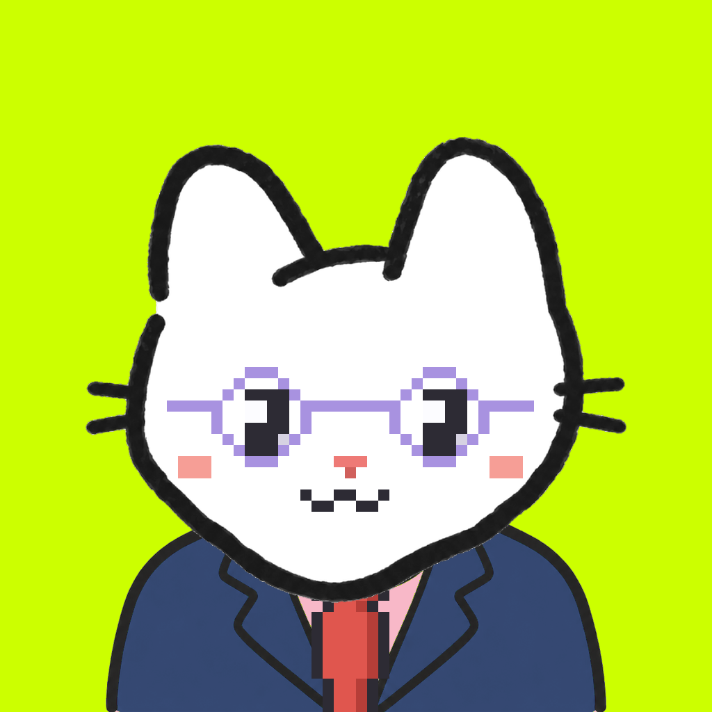 Employee #1357 — a white cat, in a navy suit, with a red tie, wearing round-lavender glasses, on volt