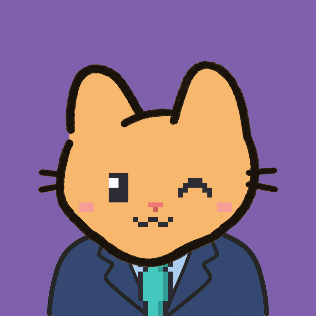 Employee #1358 — a tabby cat, in a navy suit, with a teal tie, on plasma violet