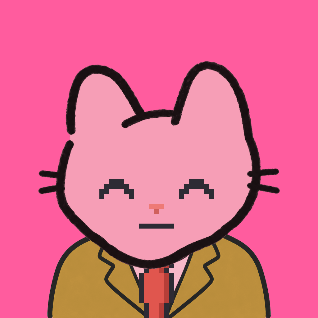 Employee #1359 — a pink cat, in a mustard suit, with a red tie, on hot pink