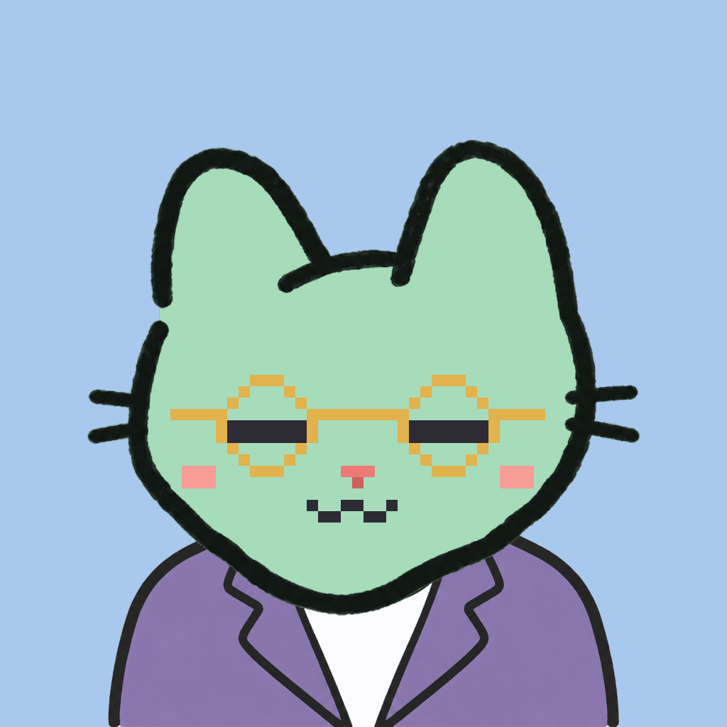 Employee #0136 — a mint cat, in a lavender suit, wearing round-gold glasses, on sky