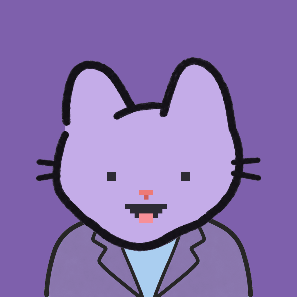 Employee #1360 — a lavender cat, in a lavender suit, on plasma violet