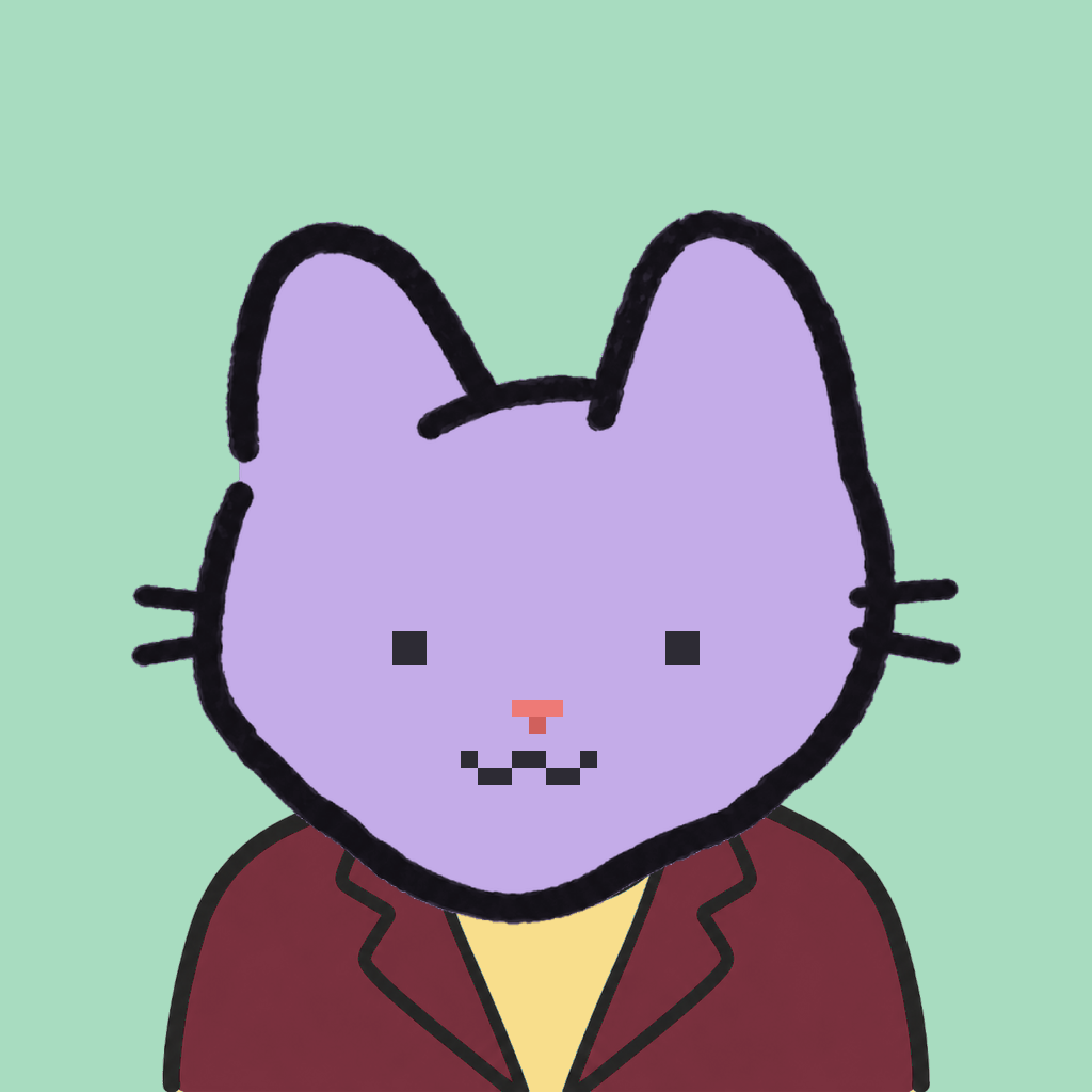 Employee #1361 — a lavender cat, in a burgundy suit, on mint