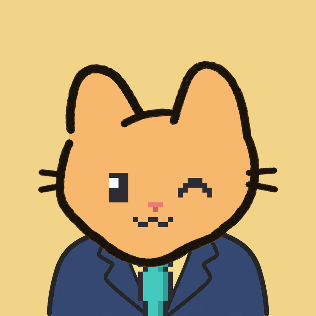 Employee #1362 — a tabby cat, in a navy suit, with a teal tie, on butter