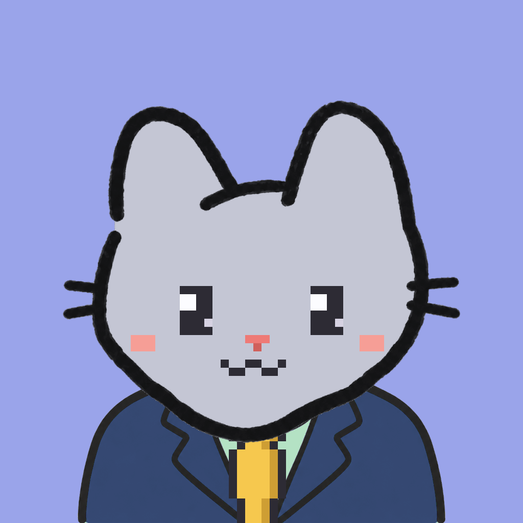 Employee #1363 — a gray cat, in a navy suit, with a gold tie, on periwinkle