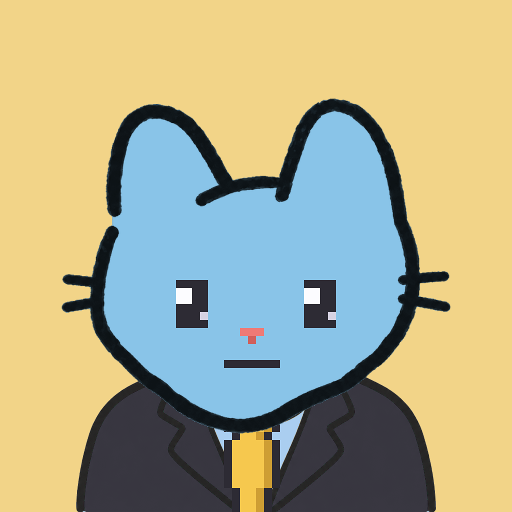 Employee #1364 — a sky cat, in a black suit, with a gold tie, on butter