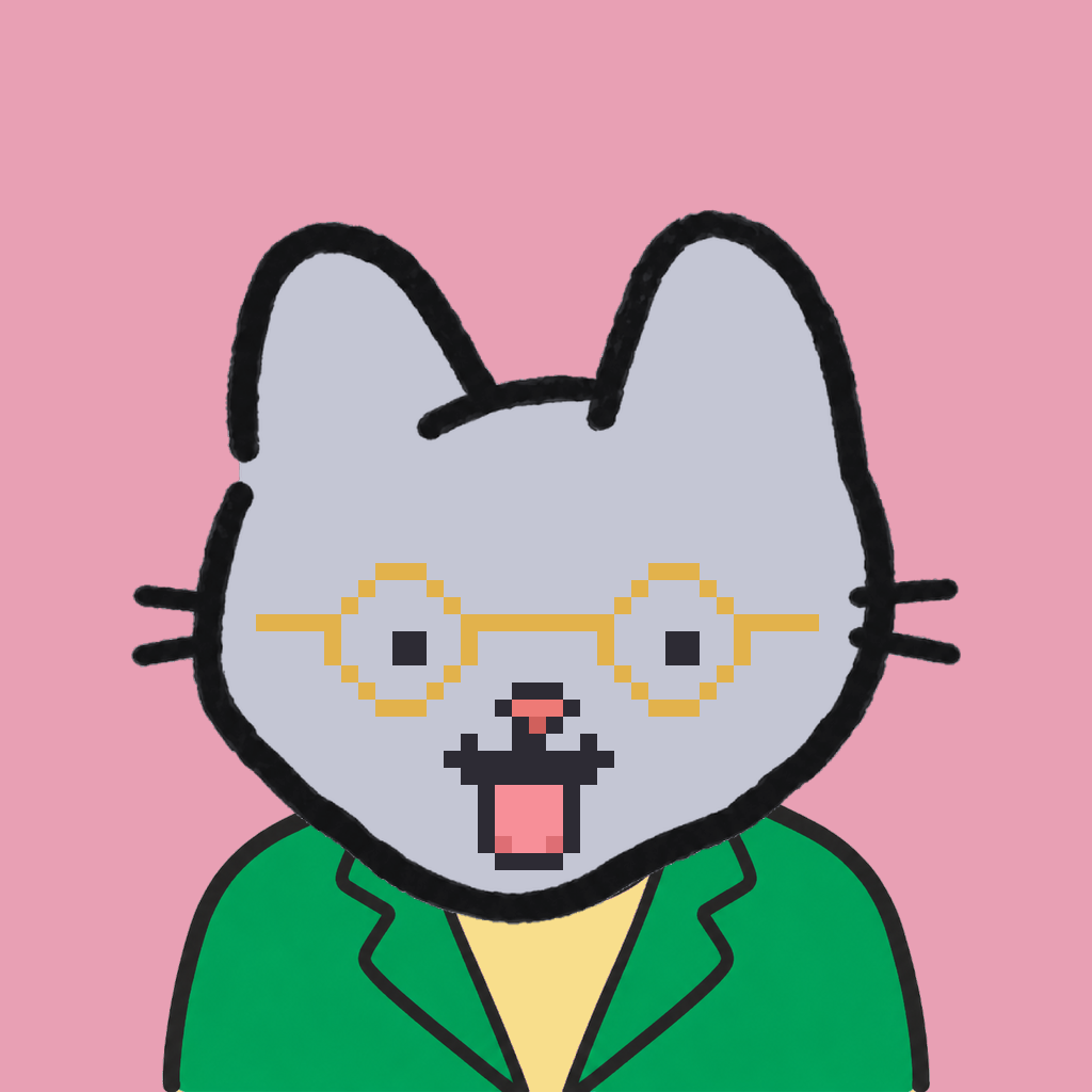 Employee #1365 — a gray cat, in a green suit, wearing round-gold glasses, on rose
