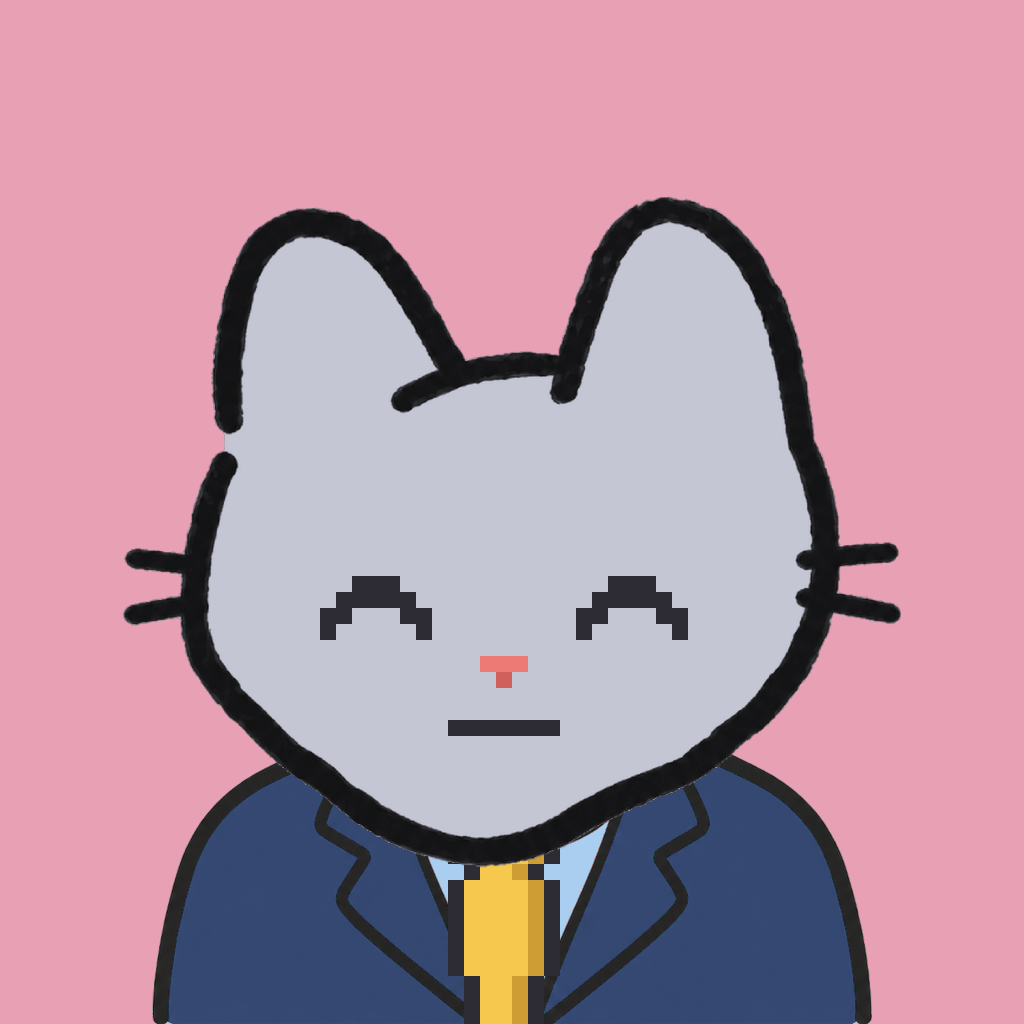 Employee #1366 — a gray cat, in a navy suit, with a gold tie, on rose