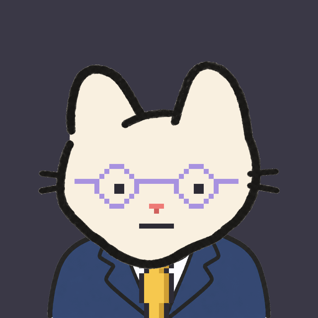 Employee #1367 — a cream cat, in a navy suit, with a gold tie, wearing round-lavender glasses, on charcoal