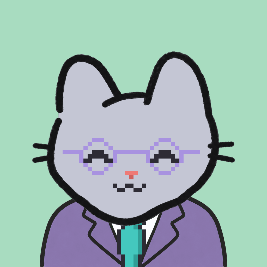 Employee #1368 — a gray cat, in a lavender suit, with a teal tie, wearing round-lavender glasses, on mint