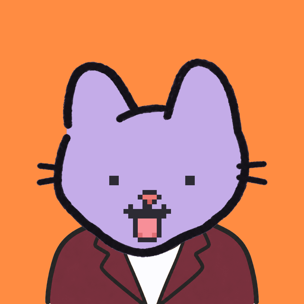 Employee #1369 — a lavender cat, in a burgundy suit, on tangerine