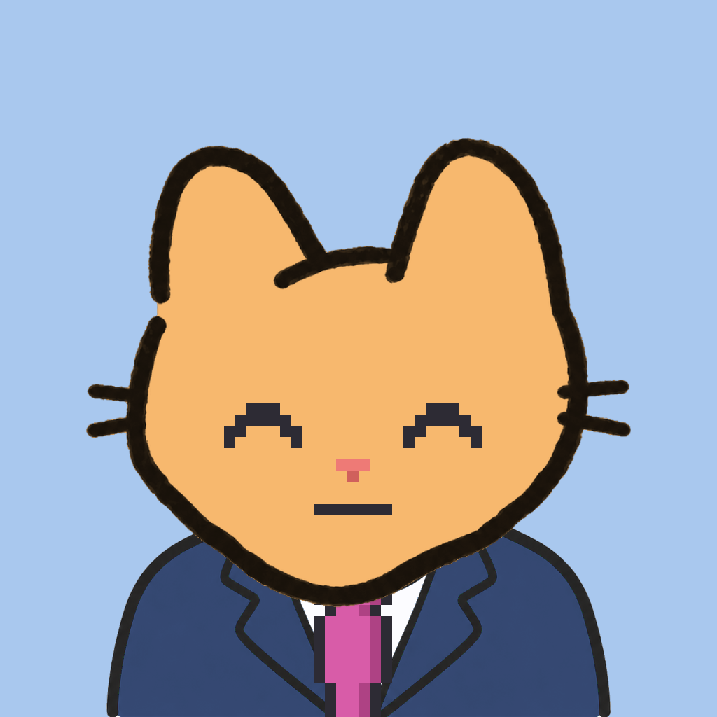 Employee #0137 — a tabby cat, in a navy suit, with a magenta tie, on sky