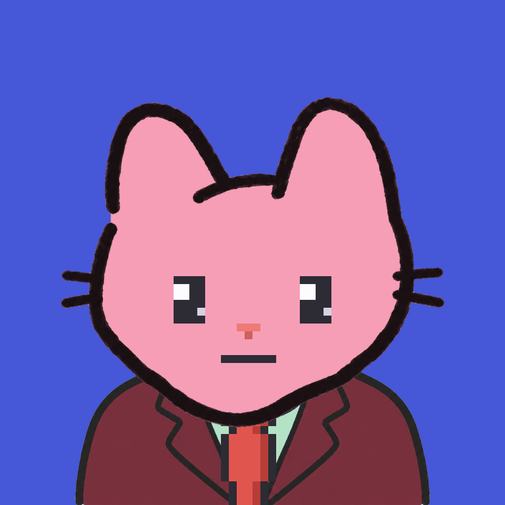 Employee #1370 — a pink cat, in a burgundy suit, with a red tie, on royal