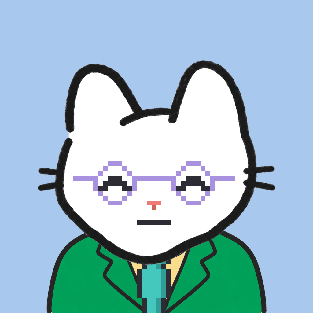 Employee #1371 — a white cat, in a green suit, with a teal tie, wearing round-lavender glasses, on sky