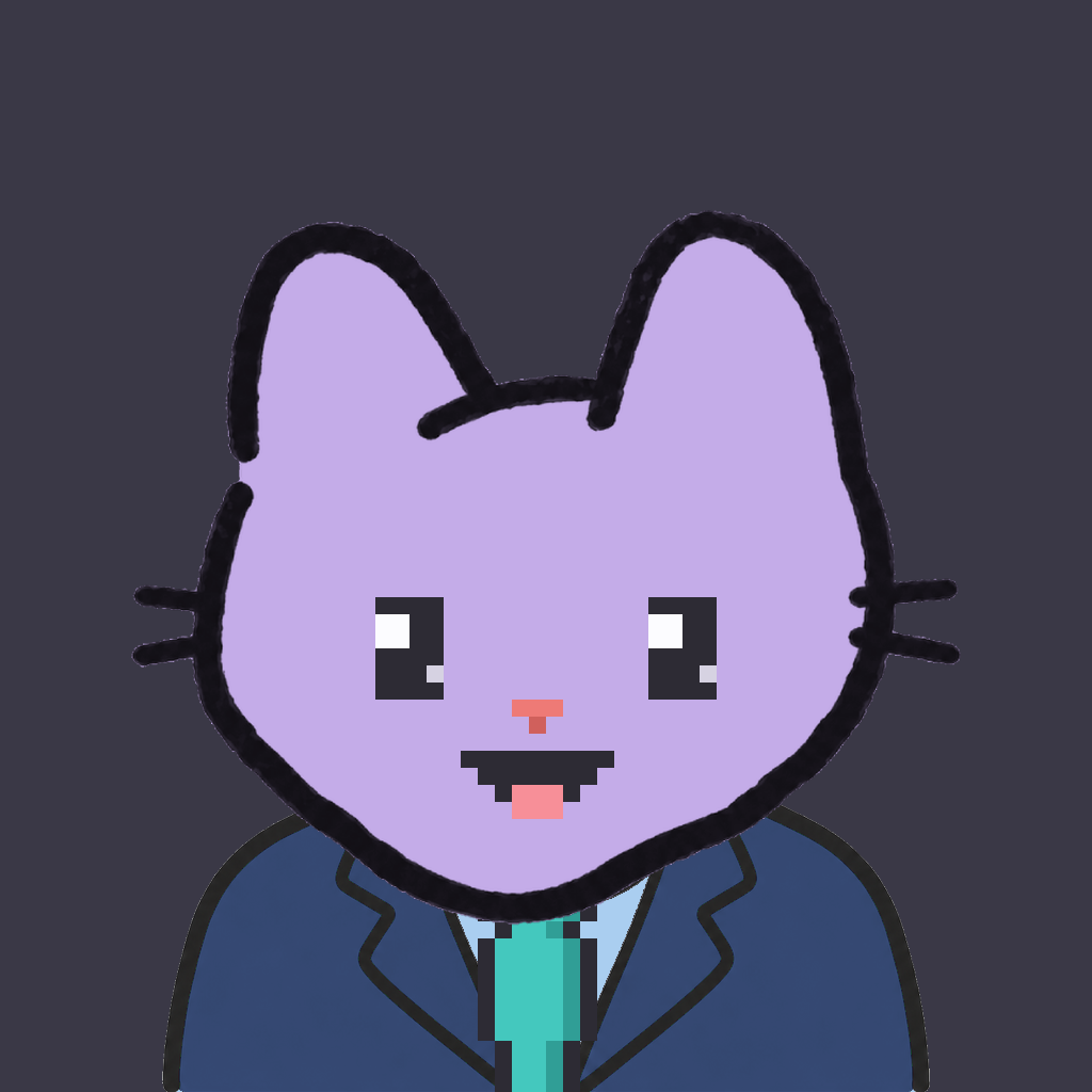 Employee #1372 — a lavender cat, in a navy suit, with a teal tie, on charcoal