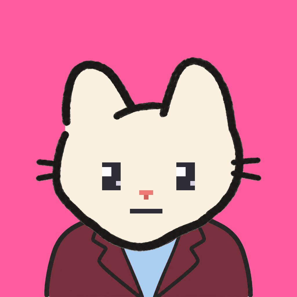 Employee #1373 — a cream cat, in a burgundy suit, on hot pink