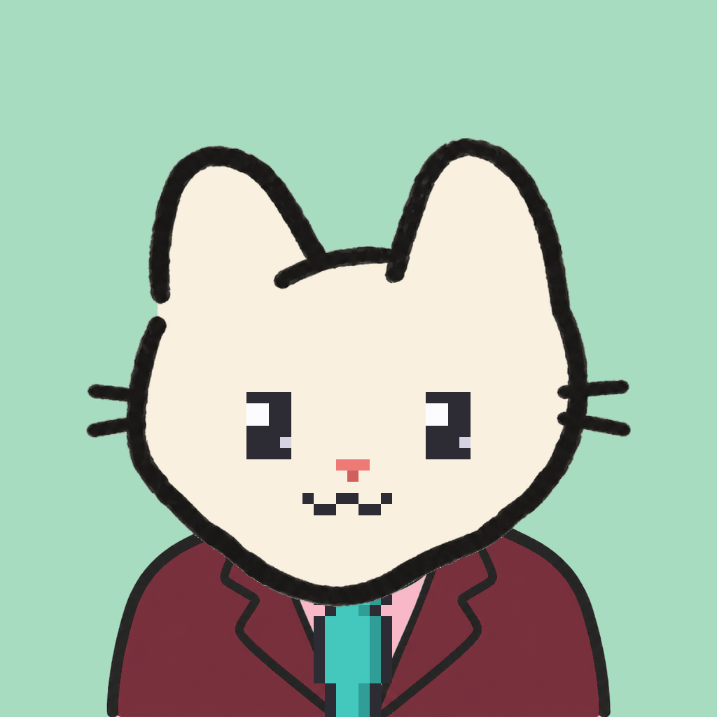 Employee #1374 — a cream cat, in a burgundy suit, with a teal tie, on mint