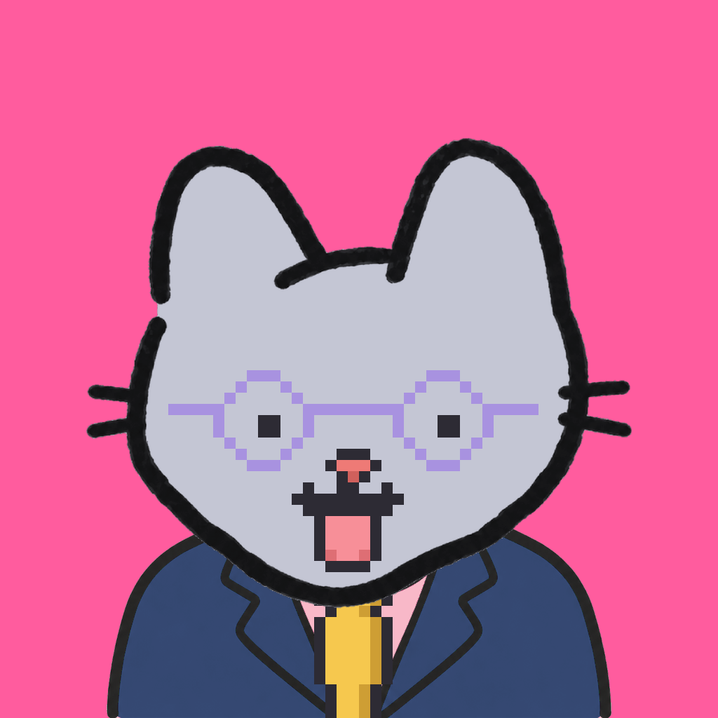 Employee #1375 — a gray cat, in a navy suit, with a gold tie, wearing round-lavender glasses, on hot pink