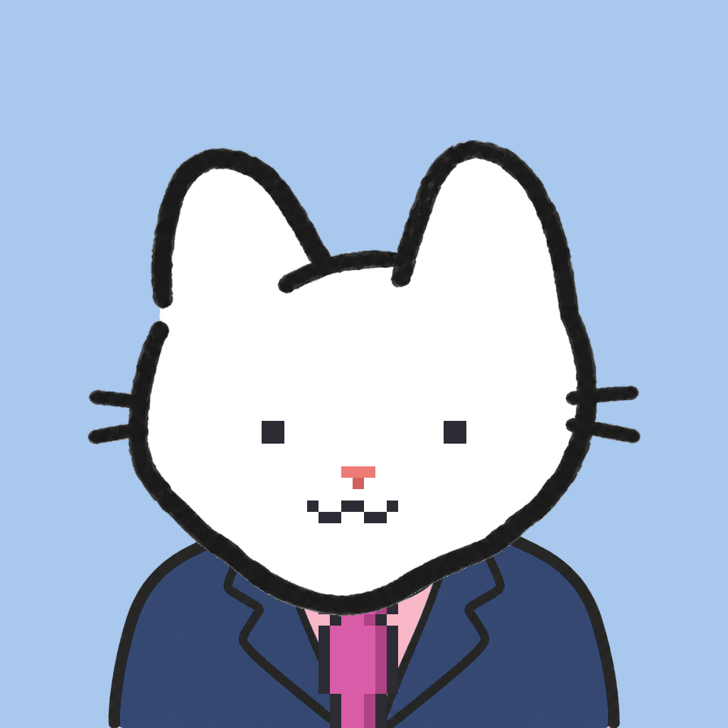 Employee #1376 — a white cat, in a navy suit, with a magenta tie, on sky